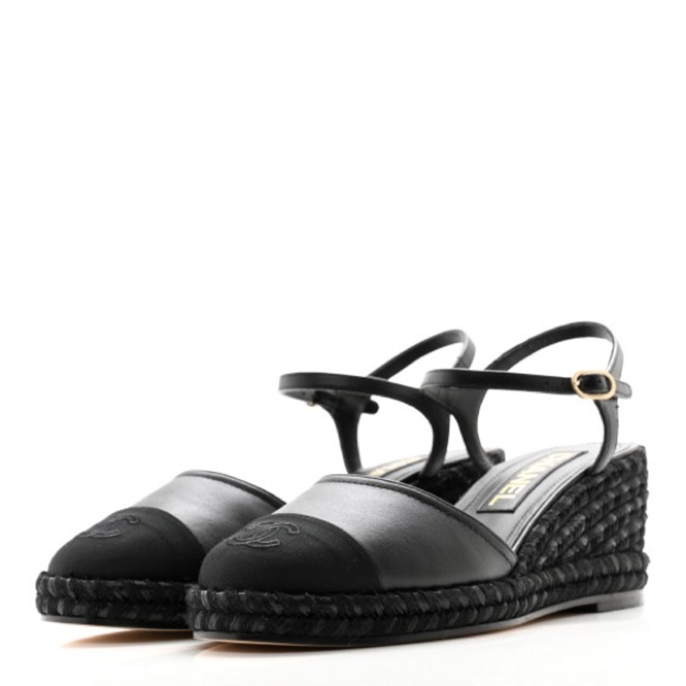 Chanel Black Wedge Espadrille Raffia Sandals Shoes 39